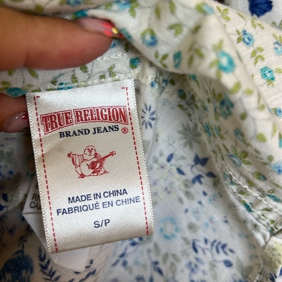TRUE RELIGION 100% Cotton Pearl Snap Floral Western Shirt in Blue and White | S - Picture 8 of 11